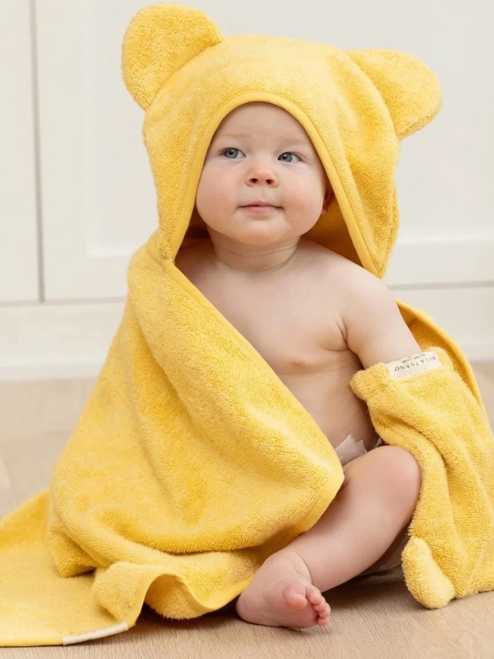 Baby Bath Hooded Towel Bella Tunno – Soft Absorbent Hooded Towel Yellow Bear.